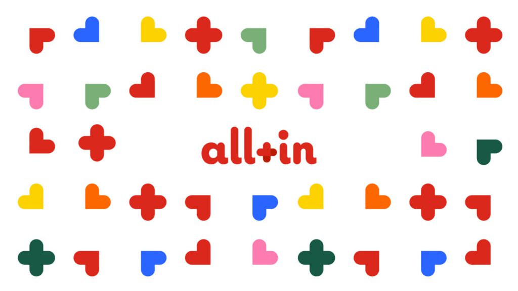 All-in image surrounded with colorful hearts
