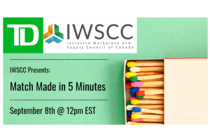 TD & IWSCC logos. IWSCC Presents: Match Made in 5 Minutes, September 8th @ 12pm EST. Box of colorful matches.
