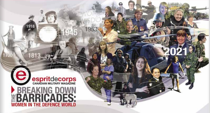 Esprit de Corps Canadian Military Magazine logo. Breaking down the barricades: women in the defence world. A poster showing women in the military, from 1700 up to 2021.