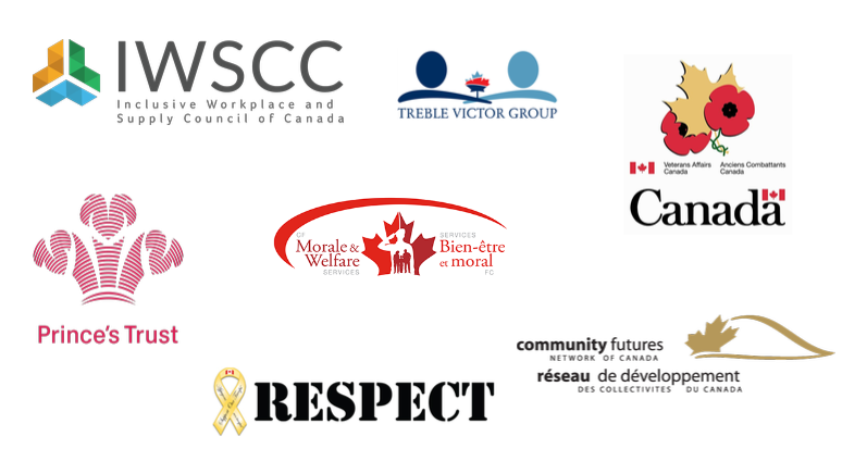 Group of 7 logos: IWSCC, Treble Victor, Veteran Affairs Canada, CFMWS, Prince’s Trust, Respect Canada, and Community Futures.