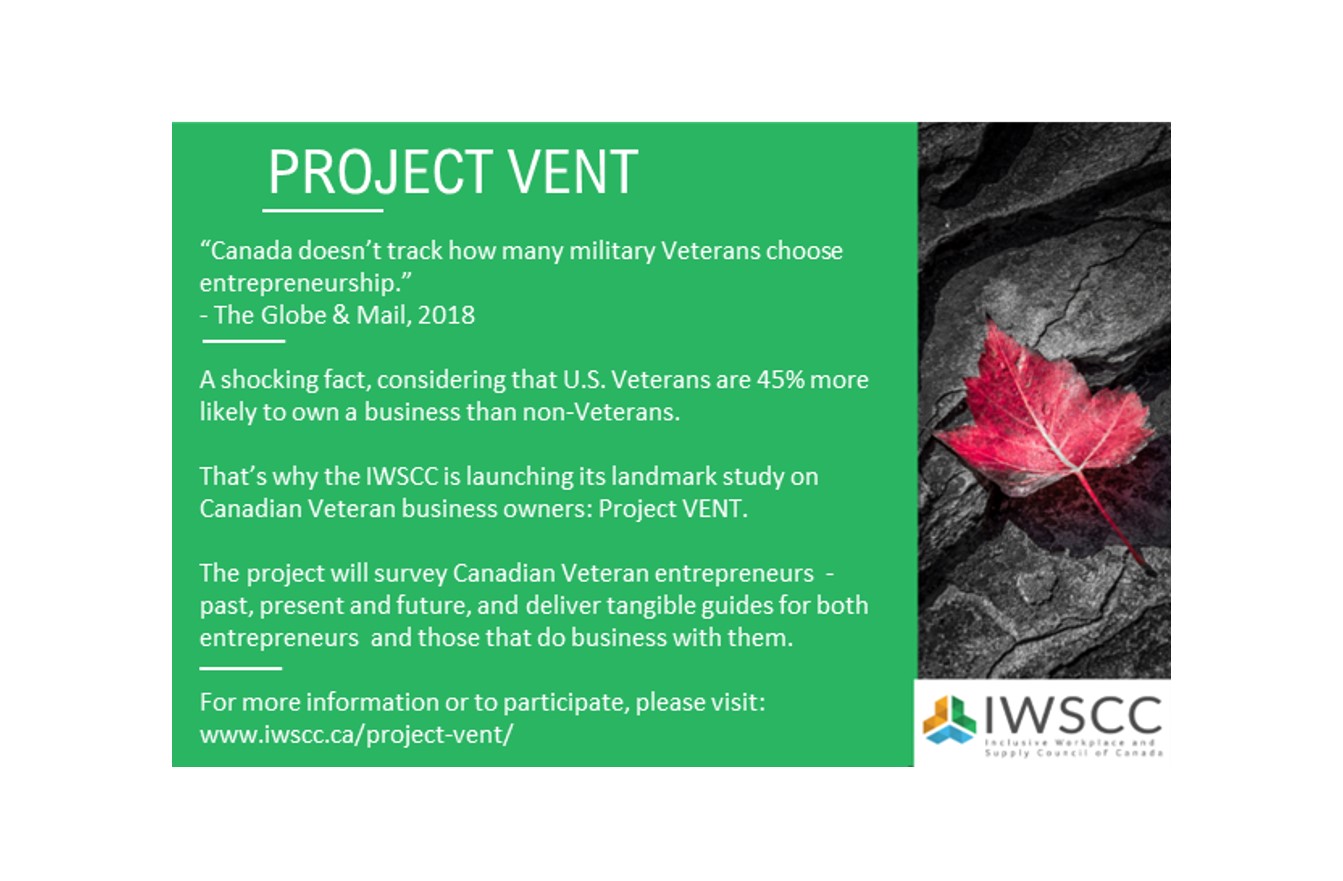 Info about the IWSCC's project VENT survey. The project will survey Canadian Veteran entrepreneurs. www.iwscc.ca/project-vent