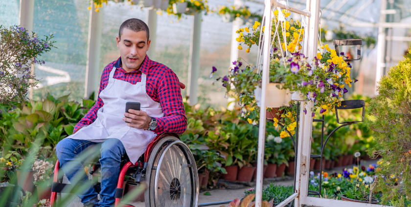 A man in a wheelchair checks his phone. He wears business-casual clothing, an apron, and a fine watch. He is in a greenhouse surrounded by flowers.