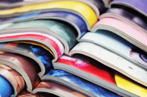 Photo: A close-up of open magazines stacked along each other's spines.