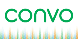Banner: Light green evenly-space lettering reads "CONVO" over a white background. The bottom edge is lined with triangles in shades of blue, orange, and green.