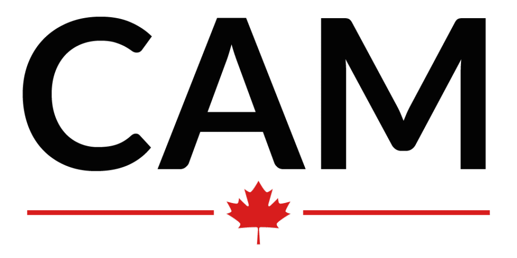 Logo: Large black capital letters read "CAM" and are underlined by a red line with a red maple leaf at its centre.