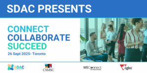 A wide white event banner with blue trim reads: "Connect. Collaborate. Succeed. September 26. Toronto." It features a photo of excited businesspeople networking with each other.