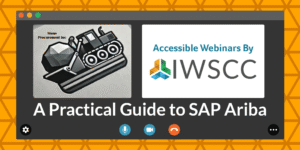 A webinar banner decorated with orange triangles reads "Stone Procurement. Accessible Webinars by IWSCC. A Practical Guide to SAP Ariba."
