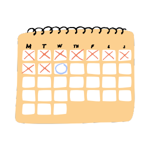 A colourful calendar graphic is marked with X's crossing out the days.