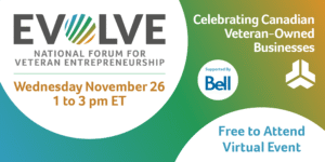 A colourful orange, green, and blue banner is dotted by white circles. Inside them, text reads "Evolve national forum for disabled veteran entrepreneurship. Wednesday November 26. 1 to 3 pm ET. Free to Attend Virtual Event. Supported by Bell."
