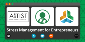 A green triangle-tiled banner is styled as a virtual call window. Frames feature a logos for guest educator Jenine Lillian and the IWSCC, as well as an ASL-interpreter icon. Text reads "Stress Management for Entrepreneurs"