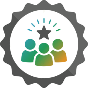 An award ribbon with three figures under a star at its centre.