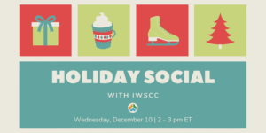 An event banner decorated with gift boxes, pine trees, ice skates and hot cocoa in oft shades of red and green.