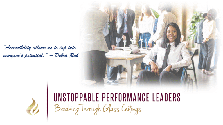 A business listing banner reads "The Unstoppable Group. Breaking Through Glass Cielings." It also includes a quote: "Accessibility allows us to tap into everyone's potential," by Debra Ruh. It features a photo of a smiling woman in a wheelchair wearing business attire.