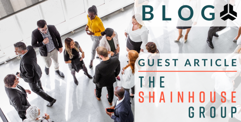 Banner: A photo of an overhead view of businesspeople mingling. On the right, text reads "blog. guest article. The Shainhouse Group."