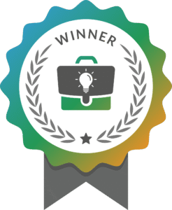 An orange, blue, and green award ribbon. At its centre, a briefcase is emblazoned with a bright lightbulb.