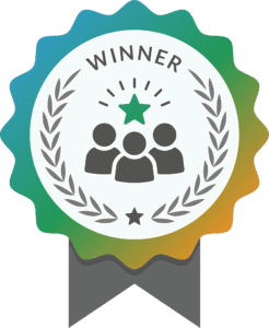 An orange, blue, and green award ribbon. At its centre, silhouettes of people together under a shining star.