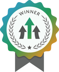 An orange, blue, and green award ribbon. At its centre, three upward arrows come together.