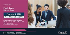 A wide purple banner features a photo of businesspeople having a conversation. Text reads "Public Sector Buyers Expo, February 3 from 10 am to 2 pm PST." Additional information is included on the event page.