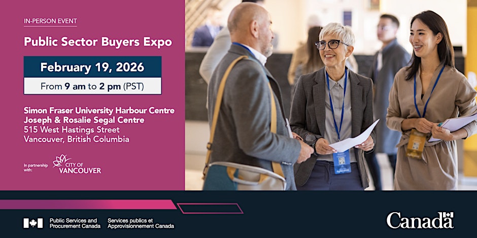 A wide purple banner features a photo of businesspeople having a conversation. Text reads "Publi Sector Buyers Expo, February 19 from 9 am to 2 pm PST." Additional information is included on the event page.