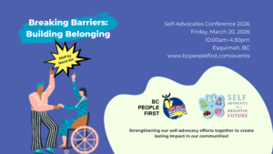 A conference banner reads "Breaking Barriers: Building Belonging. Self advocates conference 2026. On a blue background, colourful illustrated figures hold hands and dance exuberantly - one standing, and one in a wheelchair.