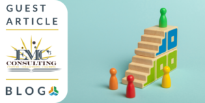 A blog banner features a photo of colourful wooden pieces surrounding a woodblock staircase - one stands triumphantly at the top. Text on the banner reads "Guest article. EMC3 Consulting. Blog"