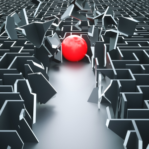 Image: A bright red ball crashes its way through a grey and dreary maze.