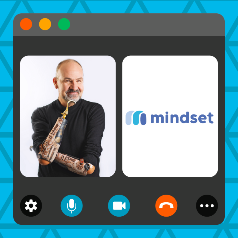 A blue triangle-patterned image features a stylized virtual call window. Frames in the window include a photo of guest educator Jeff Tiessen, and the logo for their inclusion education business Mindset.