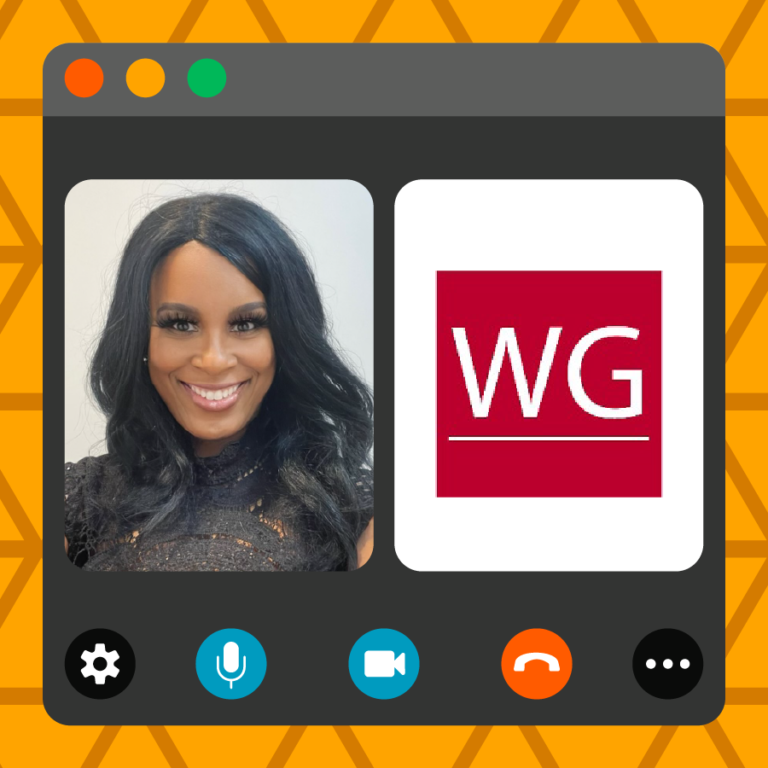 An orange triangle-patterned image features a stylized virtual call window. Frames in the window include a photo of guest educator Liz Cripps, and the logo for their AI solutions business WACADS Group Inc.