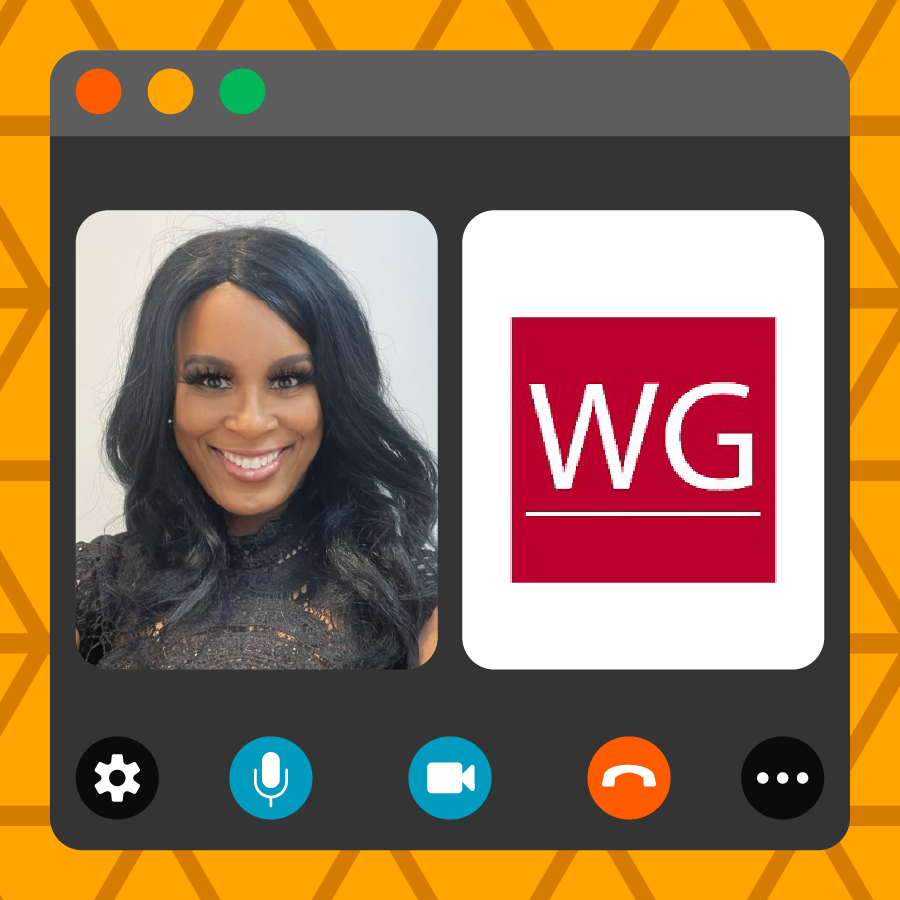 An orange triangle-patterned image features a stylized virtual call window. Frames in the window include a photo of guest educator Liz Cripps, and the logo for their AI solutions business WACADS Group Inc.