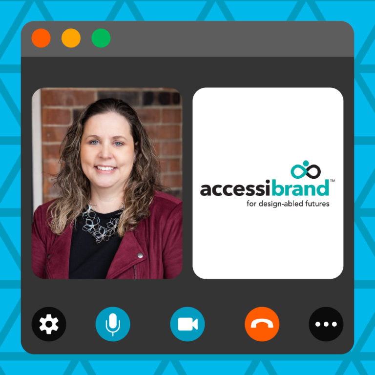 A blue triangle-patterned image features a stylized virtual call window. Frames in the window include a photo of guest educator Jolene MacDonald, and the logo for their marketing business Accessibrand.