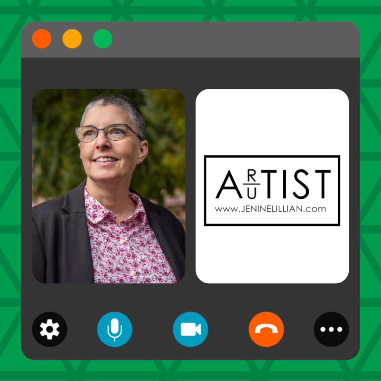 A green triangle-patterned image features a stylized virtual call window. Frames in the window include a photo of guest educator Jenine Lillian, and the logo for their consulting business.