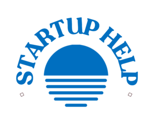 Startup Help Logo: A blue circle is cut in half like a horizon. Its bottom is sliced like rippling waves, appearing like a sunrise. Bold blue letters above read "Startup Help."