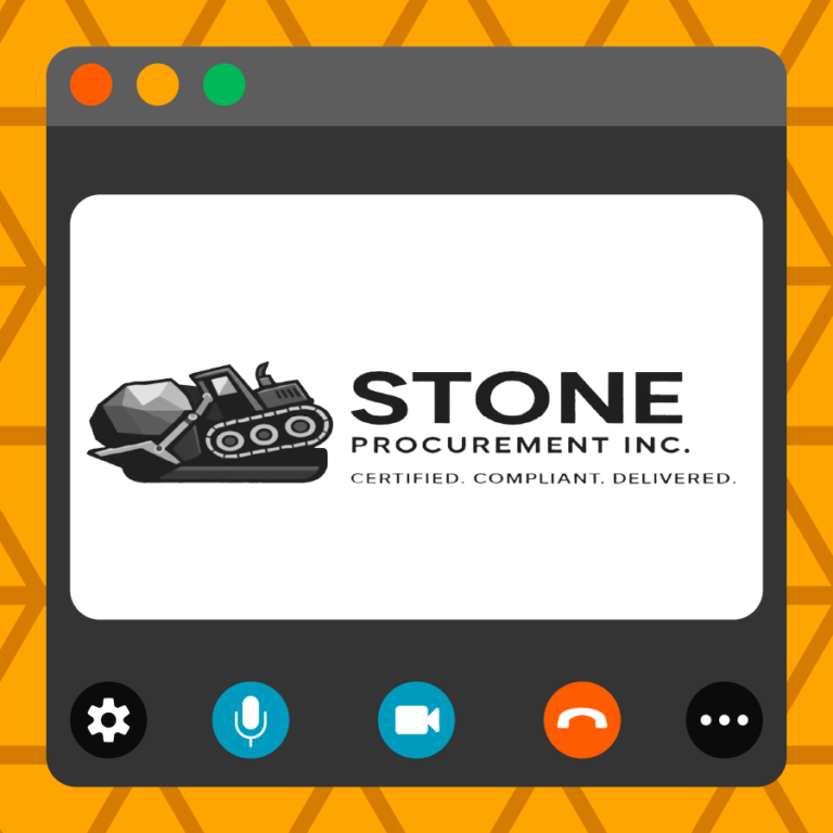 An orange triangle-patterned image features a stylized virtual call window. A frame in the window include a logo for guest educator Stone Procurement Inc.