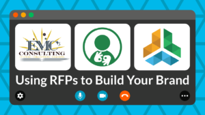 A blue triangle-tiled banner is styled as a virtual call window. Frames feature a logos for guest educator EMC3 Consulting and the IWSCC, as well as an ASL-interpreter icon. Text reads "Using RFPs to Build Your Brand."