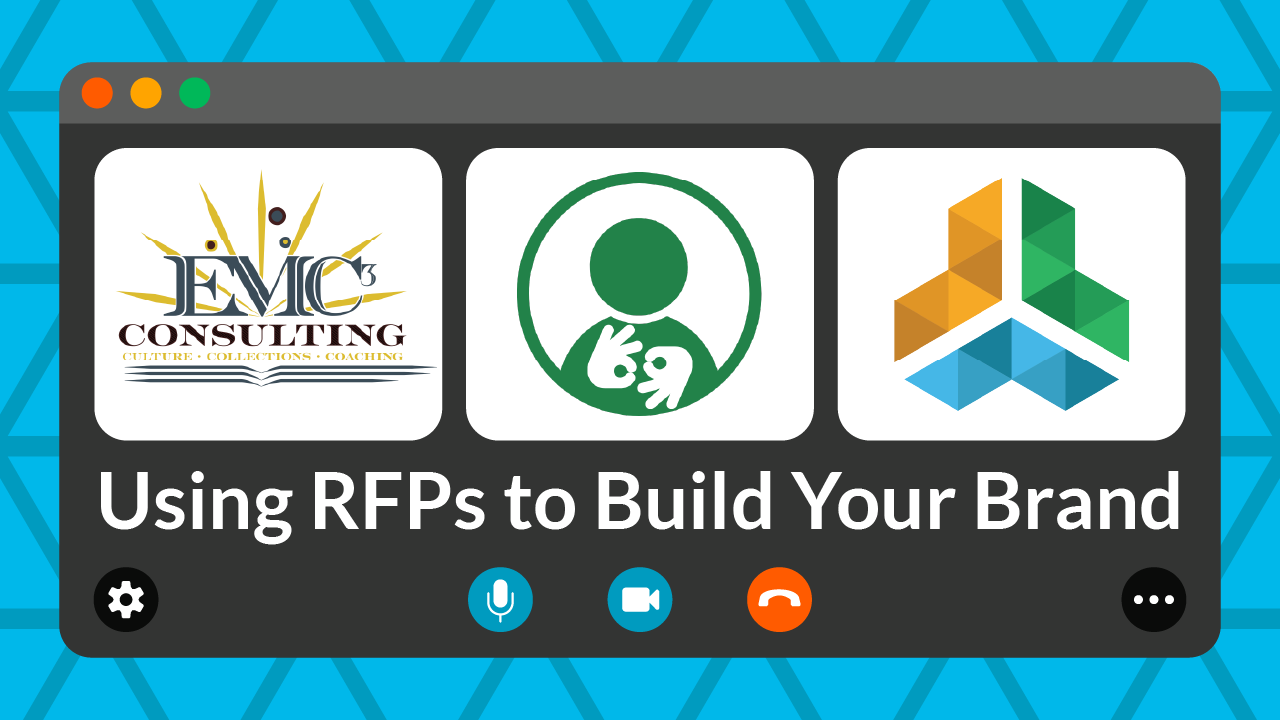 A blue triangle-tiled banner is styled as a virtual call window. Frames feature a logos for guest educator EMC3 Consulting and the IWSCC, as well as an ASL-interpreter icon. Text reads "Using RFPs to Build Your Brand."