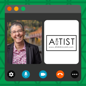 A green triangle-patterned image features a stylized virtual call window. Frames in the window include a photo of guest educator Jenine Lillian, and the logo for their consulting business.