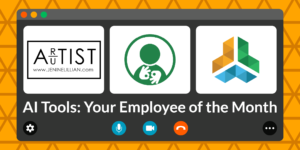 An orange triangle-tiled banner is styled as a virtual call window. Text reads "AI Tools: Your Employee of the Month"