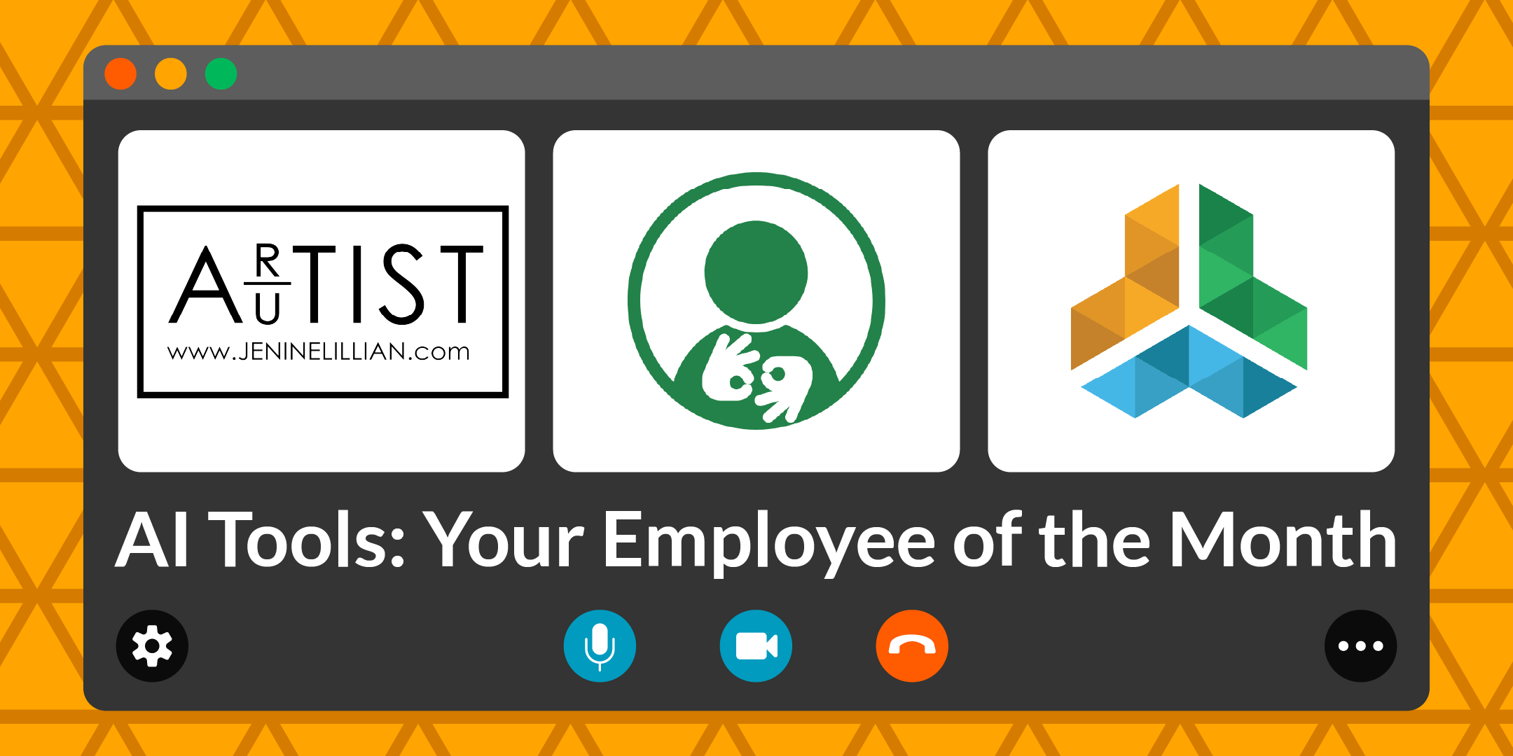 An orange triangle-tiled banner is styled as a virtual call window. Text reads "AI Tools: Your Employee of the Month"