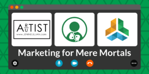 A green triangle-tiled banner is styled as a virtual call window. Text reads "Marketing for Mere Mortals"