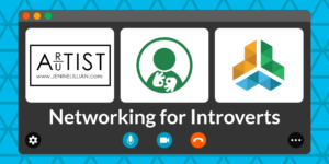 A blue triangle-tiled banner is styled as a virtual call window. Text reads "Networking for Introverts"
