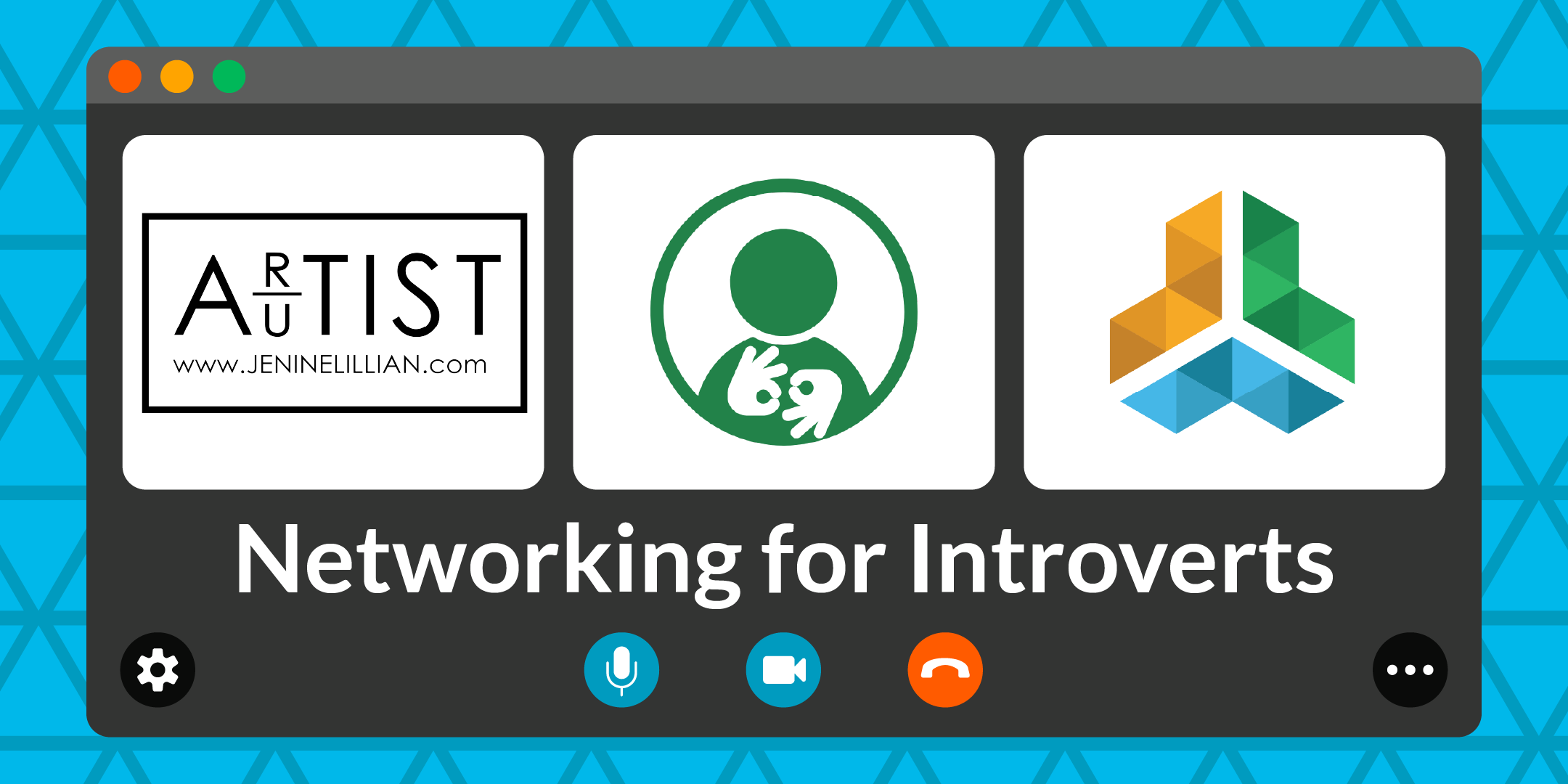 A blue triangle-tiled banner is styled as a virtual call window. Text reads "Networking for Introverts"